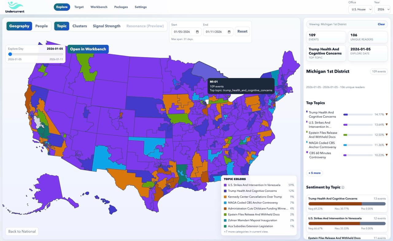 Geography view — district topic intelligence map